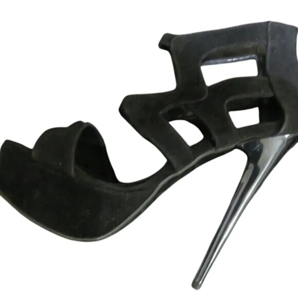 Miss Angelique Black Turkish Suede Leather Platforms Caged Stilettos Heels 9